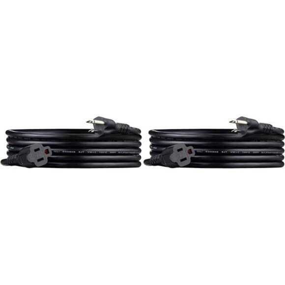 Indoor Extension Cord, 13 Amps, 125V, 10 Foot, Black - Pack of 2